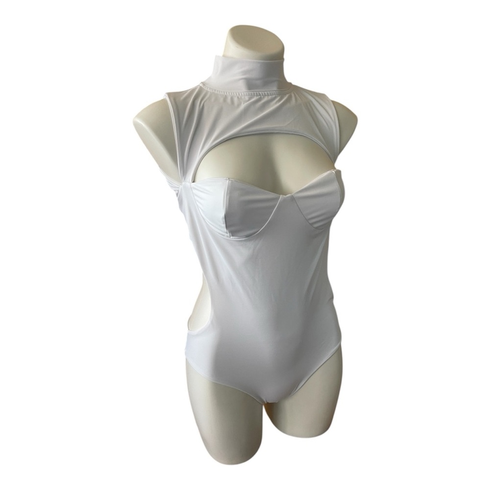 NWT High Neck One Piece Monokini Swimsuit Cut Out White Large - Picture 2 of 16